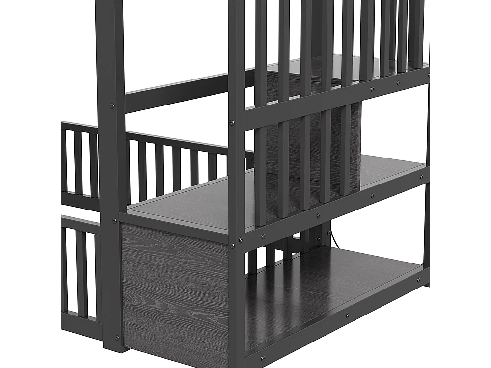 Lit mezzanine 90x200 cm, Lit superposé enfant avec escalier de rangement, Lumières LED, Protection anti-chute et porte, Métal, Noir