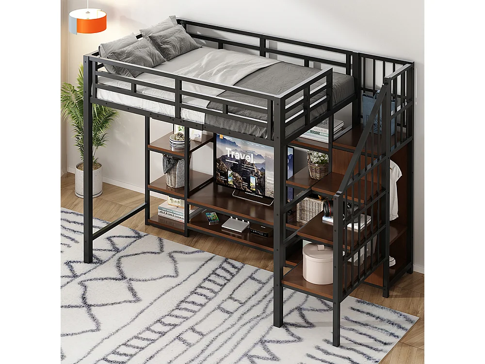 Lit mezzanine en métal 90x200 cm avec support TV, prise de courant, échelle de sécurité, espace de rangement, Noir