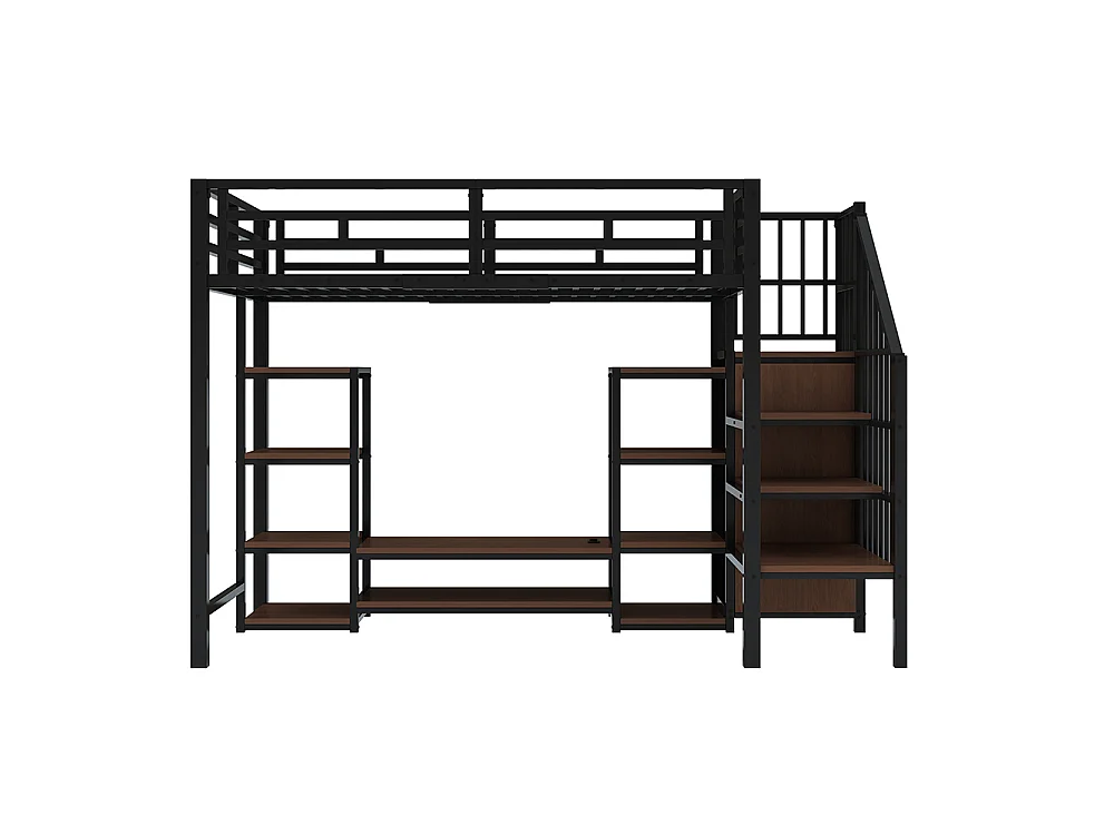 Lit mezzanine en métal 90x200 cm avec support TV, prise de courant, échelle de sécurité, espace de rangement, Noir