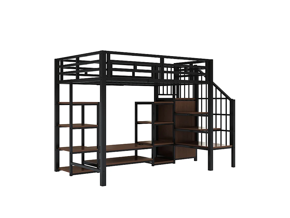 Lit mezzanine en métal 90x200 cm avec support TV, prise de courant, échelle de sécurité, espace de rangement, Noir