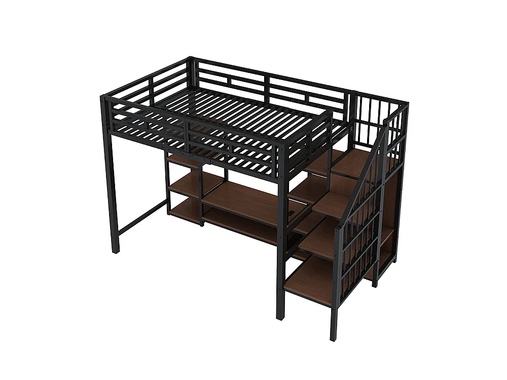 Lit mezzanine en métal 90x200 cm avec support TV, prise de courant, échelle de sécurité, espace de rangement, Noir