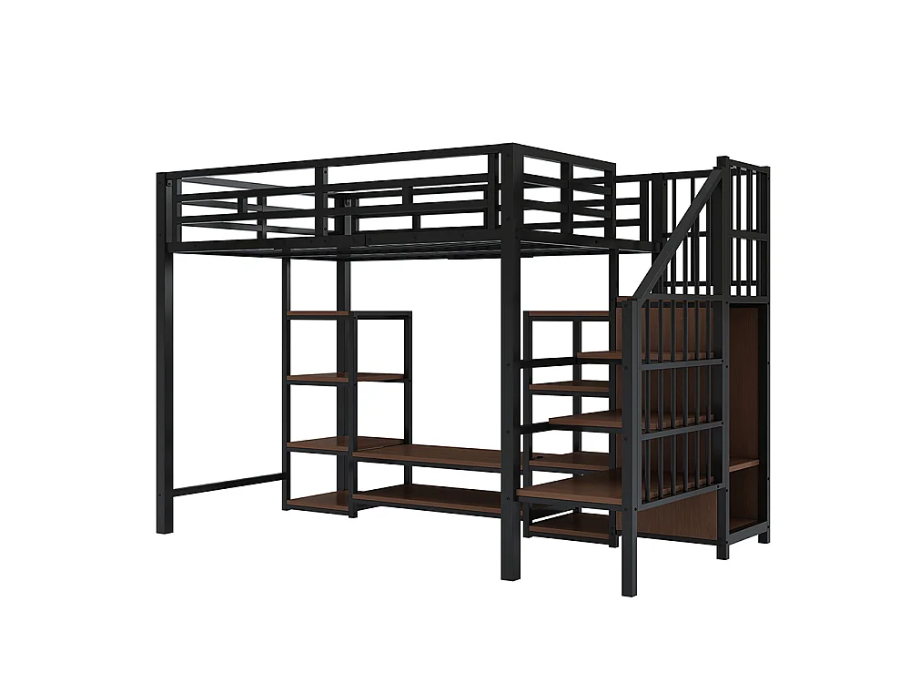 Lit mezzanine en métal 90x200 cm avec support TV, prise de courant, échelle de sécurité, espace de rangement, Noir