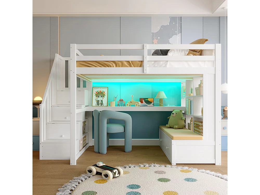 Lit mezzanine 140 x 200 cm avec bureau et étagères, deux tiroirs, escalier avec rangements, éclairage LED, sommier à lattes, blanc