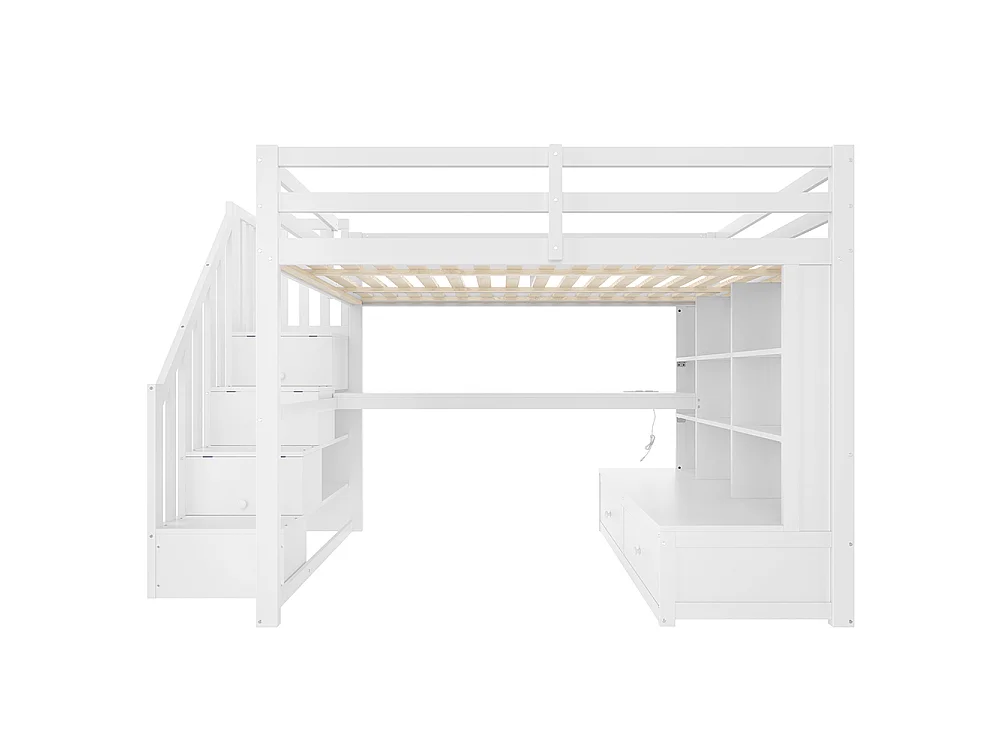 Lit mezzanine 140 x 200 cm avec bureau et étagères, deux tiroirs, escalier avec rangements, éclairage LED, sommier à lattes, blanc