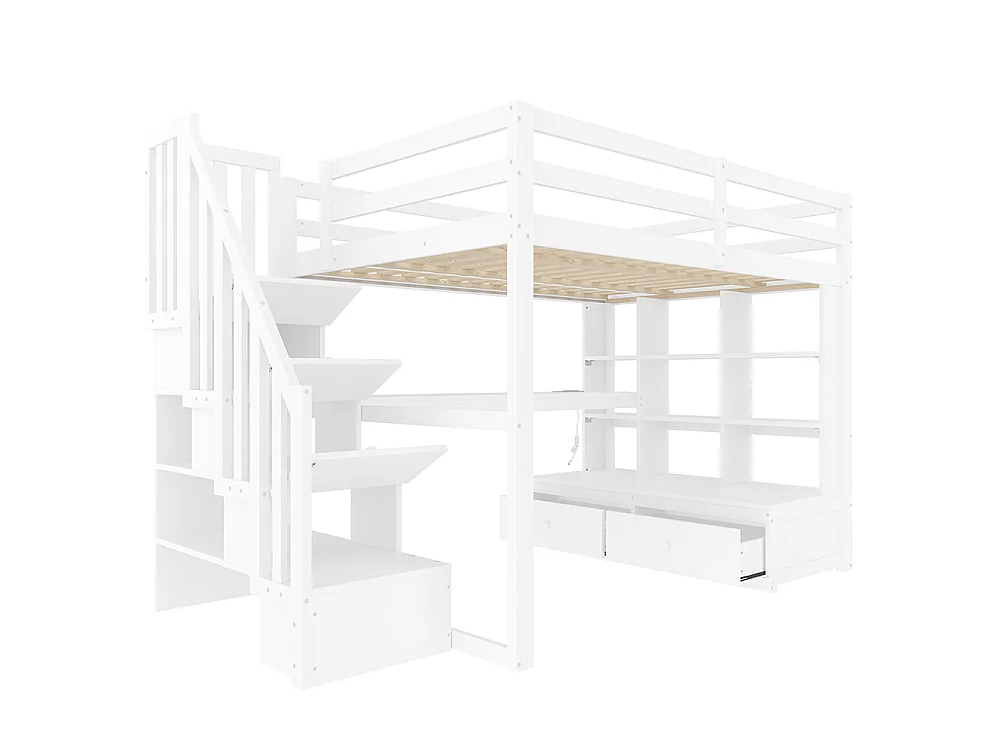 Lit mezzanine 140 x 200 cm avec bureau et étagères, deux tiroirs, escalier avec rangements, éclairage LED, sommier à lattes, blanc