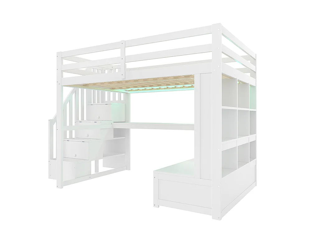 Lit mezzanine 140 x 200 cm avec bureau et étagères, deux tiroirs, escalier avec rangements, éclairage LED, sommier à lattes, blanc