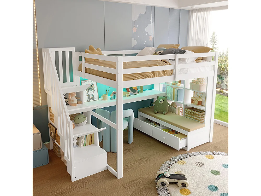Lit mezzanine 140 x 200 cm avec bureau et étagères, deux tiroirs, escalier avec rangements, éclairage LED, sommier à lattes, blanc
