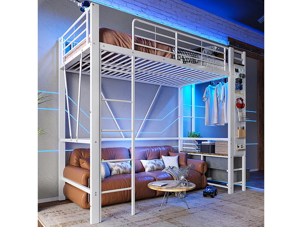 Lit Mezzanine en métal 90x200 cm - avec éclairage LED - USB Type-C - 4 Tiroirs - Barre de séchage - Panneau perforé - échelle - Blanc