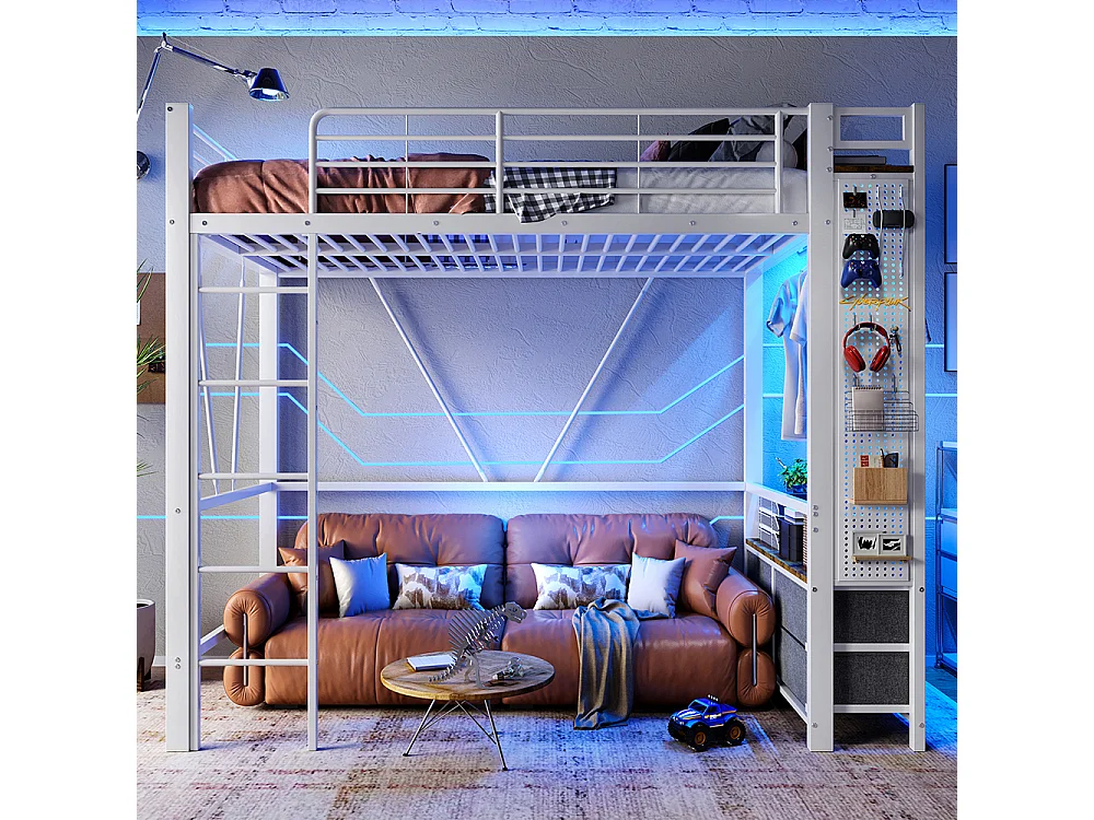 Lit Mezzanine en métal 90x200 cm - avec éclairage LED - USB Type-C - 4 Tiroirs - Barre de séchage - Panneau perforé - échelle - Blanc