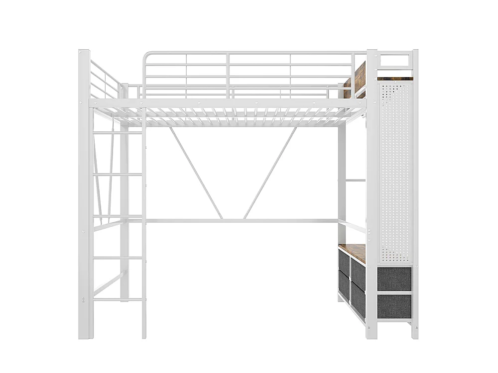 Lit Mezzanine en métal 90x200 cm - avec éclairage LED - USB Type-C - 4 Tiroirs - Barre de séchage - Panneau perforé - échelle - Blanc