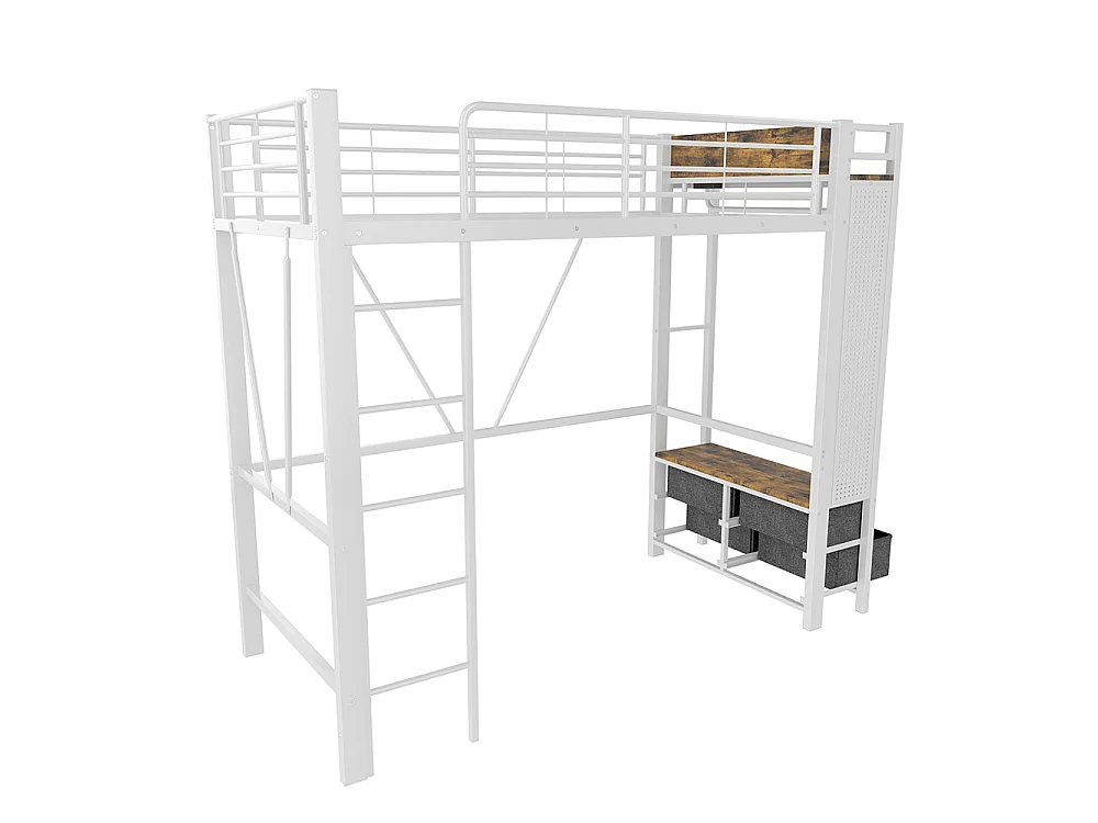 Lit Mezzanine en métal 90x200 cm - avec éclairage LED - USB Type-C - 4 Tiroirs - Barre de séchage - Panneau perforé - échelle - Blanc