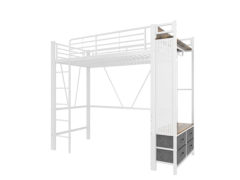 Lit Mezzanine en métal 90x200 cm - avec éclairage LED - USB Type-C - 4 Tiroirs - Barre de séchage - Panneau perforé - échelle - Blanc
