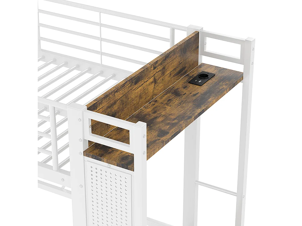 Lit Mezzanine en métal 90x200 cm - avec éclairage LED - USB Type-C - 4 Tiroirs - Barre de séchage - Panneau perforé - échelle - Blanc