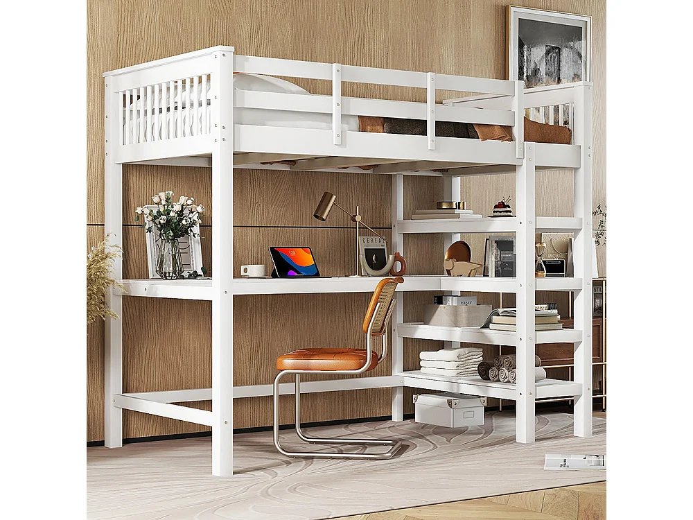 Lit mezzanine enfant 90 x 200 cm avec bureau - étagère de rangement - bois massif de pin - blanc
