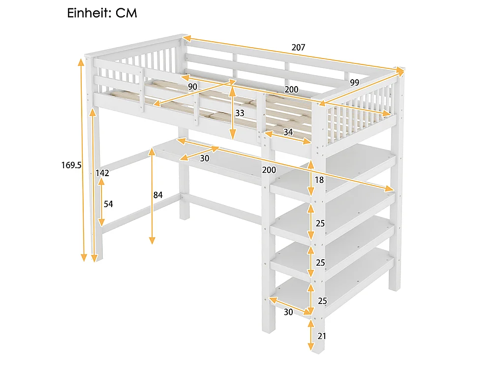 Lit mezzanine enfant 90 x 200 cm avec bureau - étagère de rangement - bois massif de pin - blanc