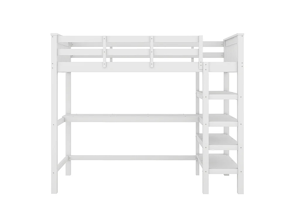 Lit mezzanine enfant 90 x 200 cm avec bureau - étagère de rangement - bois massif de pin - blanc
