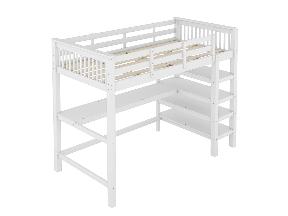 Lit mezzanine enfant 90 x 200 cm avec bureau - étagère de rangement - bois massif de pin - blanc