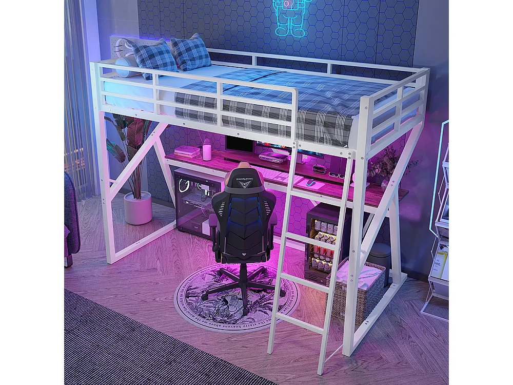 Lit mezzanine 90x200 cm - Structure en fer - avec éclairage LED - Bureau - Escalier - pour enfant /adulte - Blanc