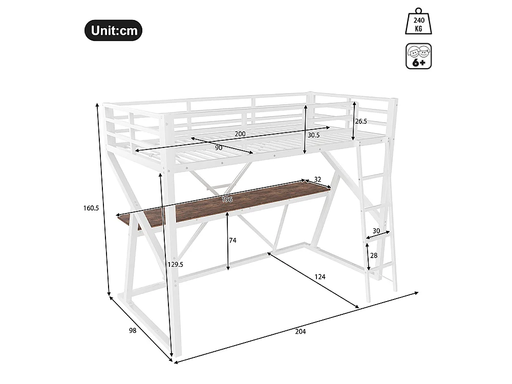 Lit mezzanine 90x200 cm - Structure en fer - avec éclairage LED - Bureau - Escalier - pour enfant /adulte - Blanc