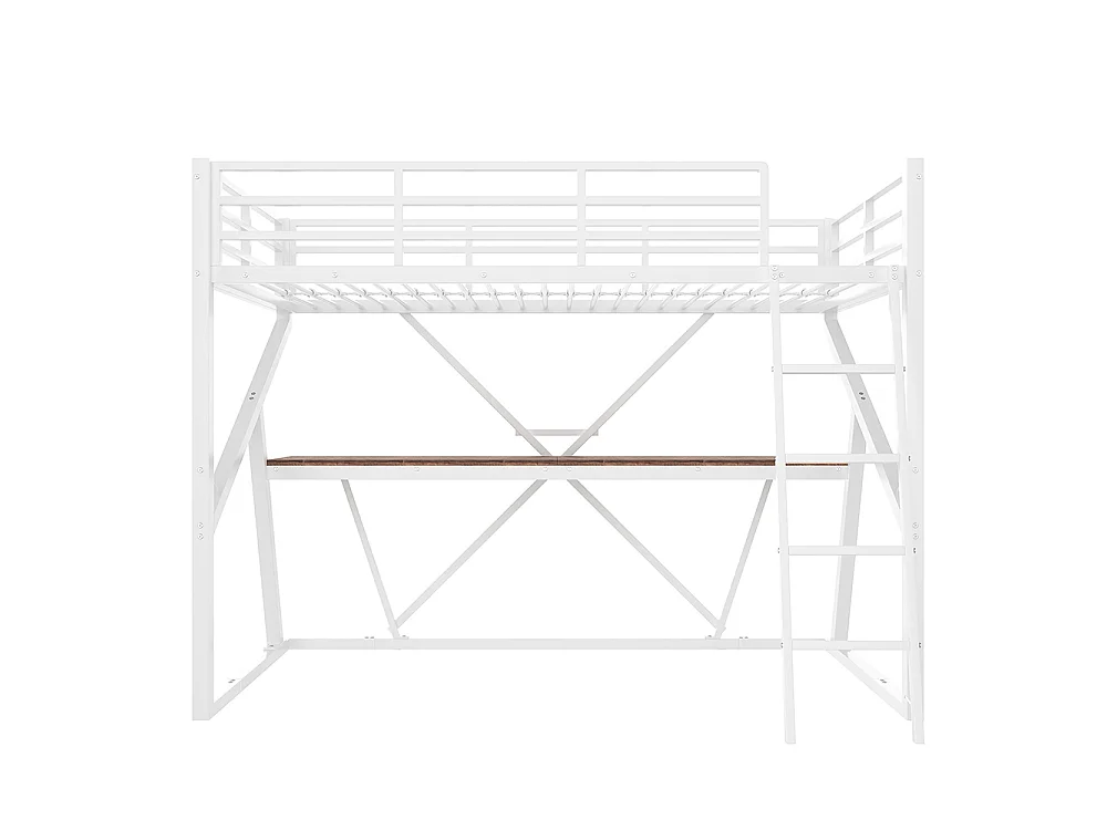 Lit mezzanine 90x200 cm - Structure en fer - avec éclairage LED - Bureau - Escalier - pour enfant /adulte - Blanc