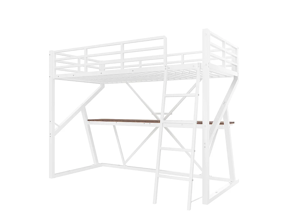 Lit mezzanine 90x200 cm - Structure en fer - avec éclairage LED - Bureau - Escalier - pour enfant /adulte - Blanc