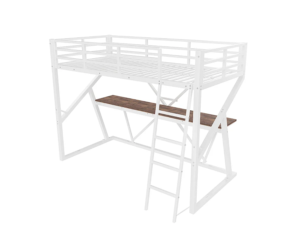 Lit mezzanine 90x200 cm - Structure en fer - avec éclairage LED - Bureau - Escalier - pour enfant /adulte - Blanc