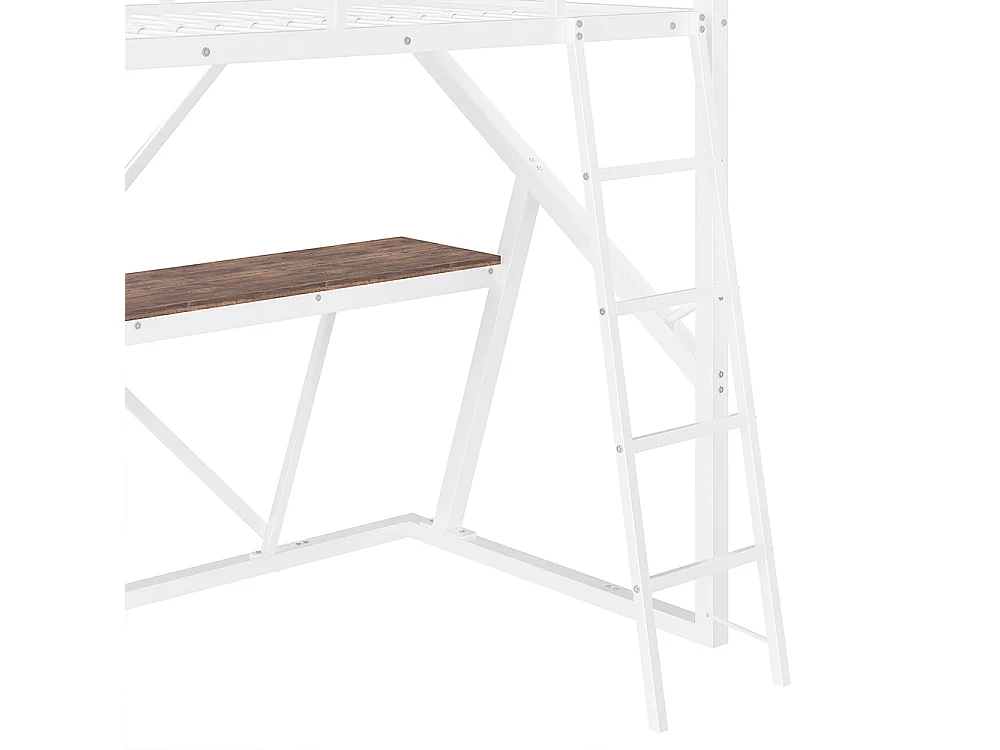Lit mezzanine 90x200 cm - Structure en fer - avec éclairage LED - Bureau - Escalier - pour enfant /adulte - Blanc