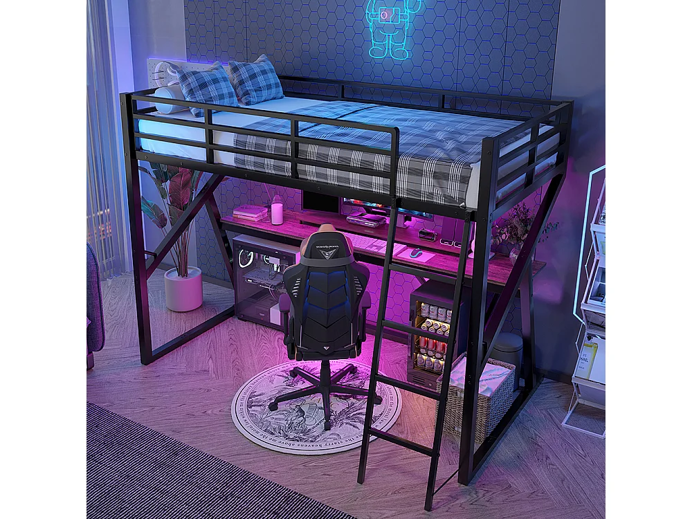 Lit mezzanine 90x200 cm - Structure en fer - avec éclairage LED - Bureau - Escalier - pour enfant /adulte - Noir