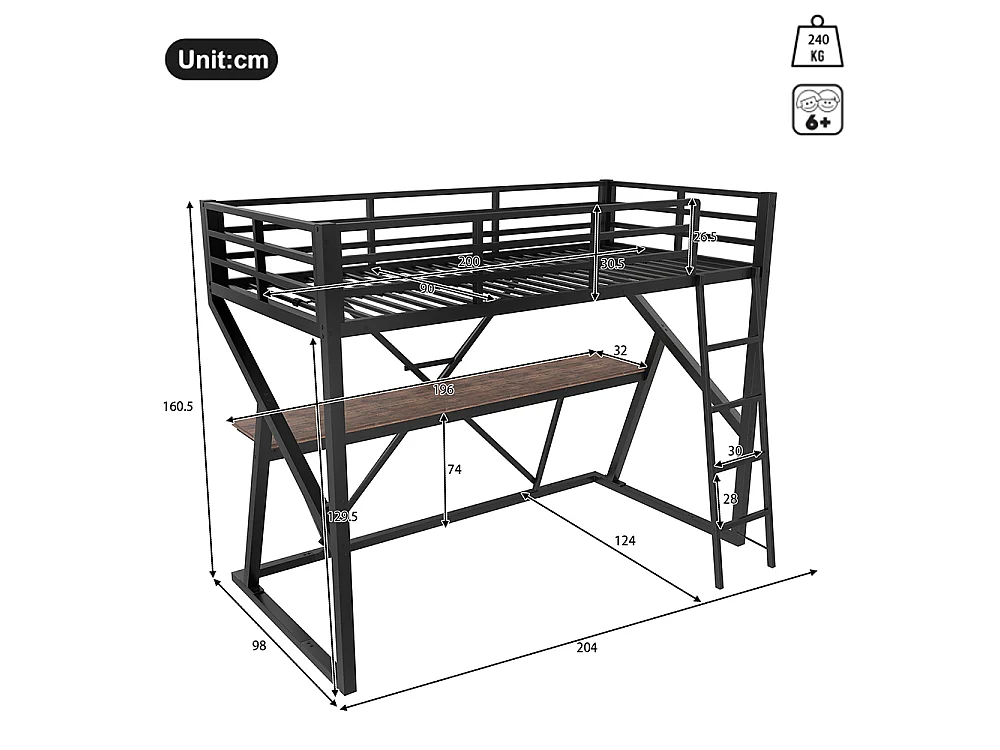 Lit mezzanine 90x200 cm - Structure en fer - avec éclairage LED - Bureau - Escalier - pour enfant /adulte - Noir