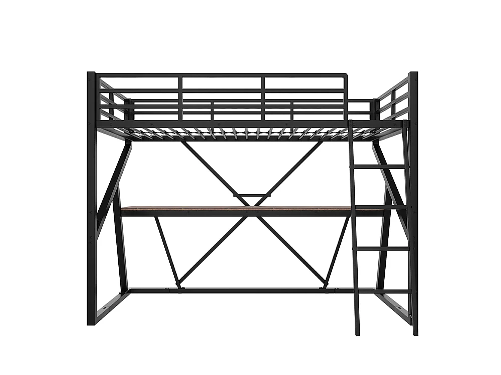 Lit mezzanine 90x200 cm - Structure en fer - avec éclairage LED - Bureau - Escalier - pour enfant /adulte - Noir