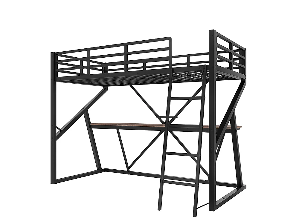 Lit mezzanine 90x200 cm - Structure en fer - avec éclairage LED - Bureau - Escalier - pour enfant /adulte - Noir
