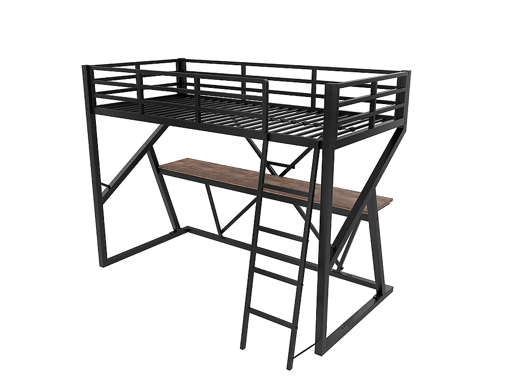Lit mezzanine 90x200 cm - Structure en fer - avec éclairage LED - Bureau - Escalier - pour enfant /adulte - Noir