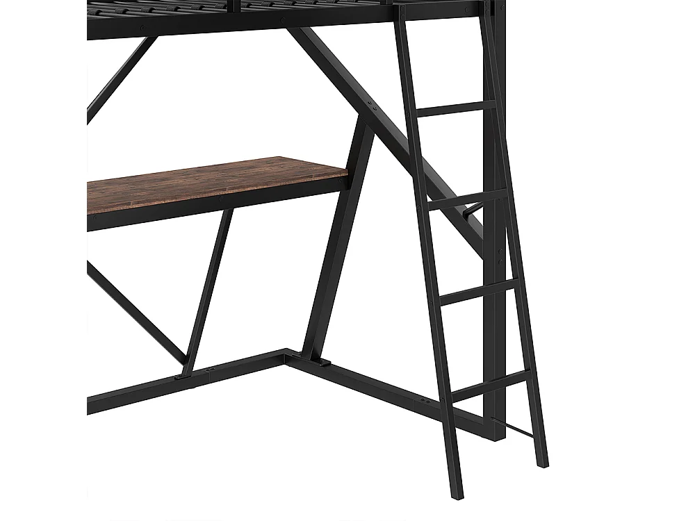 Lit mezzanine 90x200 cm - Structure en fer - avec éclairage LED - Bureau - Escalier - pour enfant /adulte - Noir