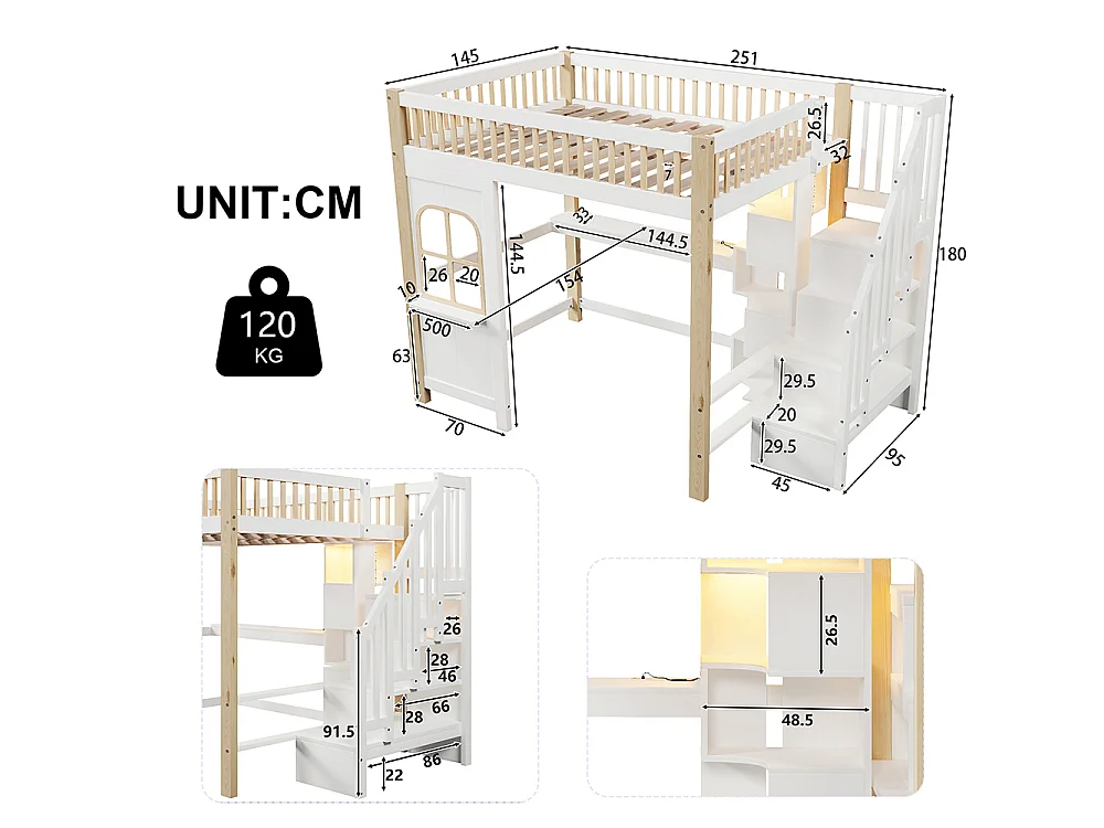 Lit mezzanine enfant 140x200 cm avec bureau - prise - LED - échelle de rangement - compartiment de rangement ouvert - blanc + naturel