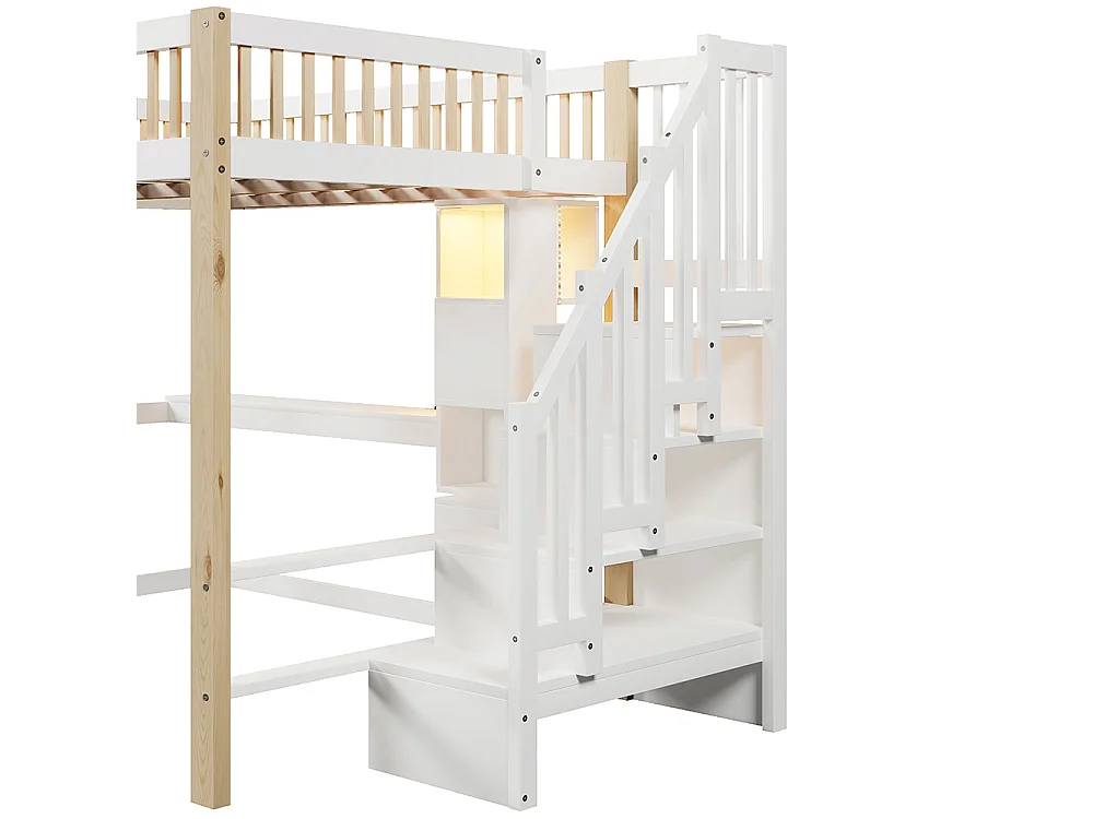 Lit mezzanine enfant 140x200 cm avec bureau - prise - LED - échelle de rangement - compartiment de rangement ouvert - blanc + naturel
