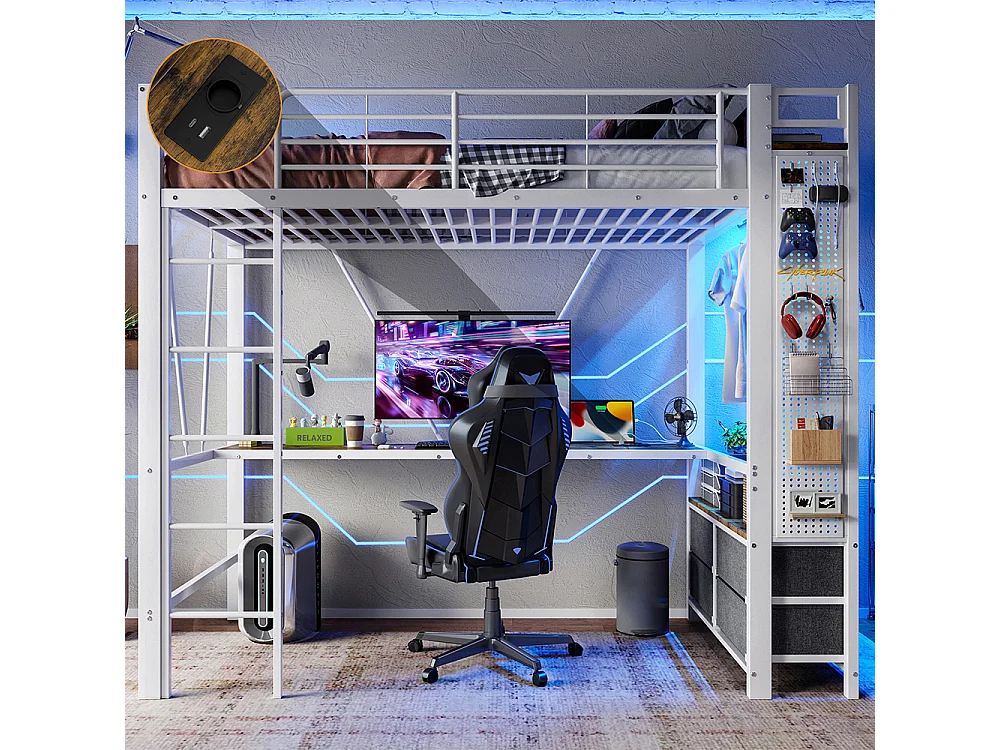 Métal Lit Mezzanine 90x200 cm - avec LED - Bureau - USB Type-C - 4 Tiroirs - Barre de séchage - Panneau perforé - échelle - Blanc