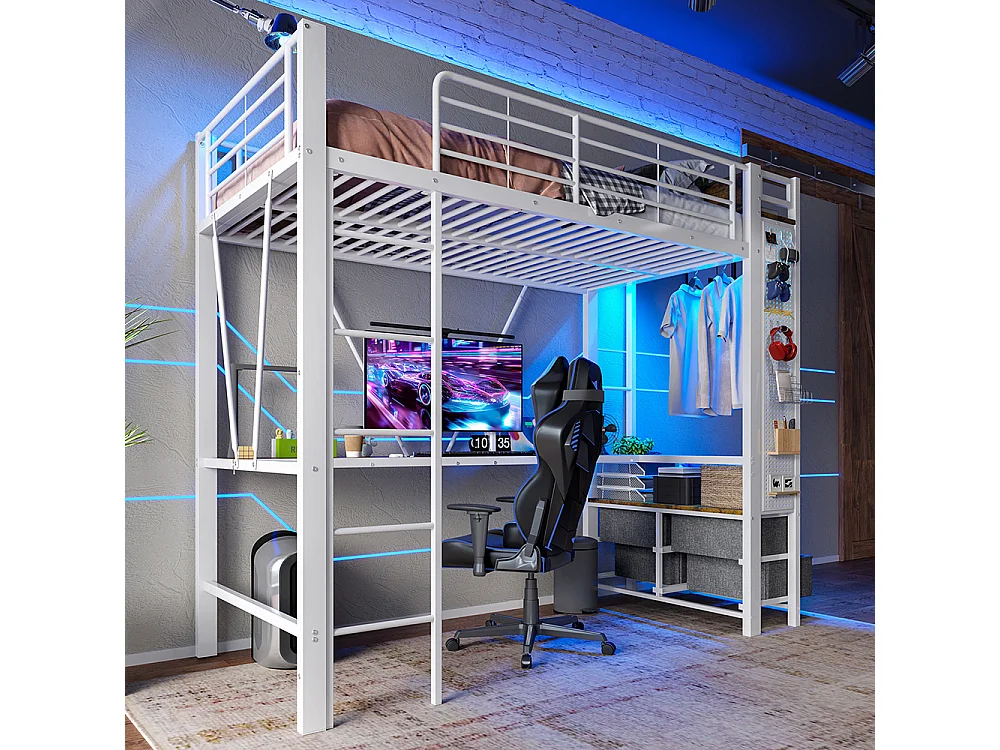 Métal Lit Mezzanine 90x200 cm - avec LED - Bureau - USB Type-C - 4 Tiroirs - Barre de séchage - Panneau perforé - échelle - Blanc