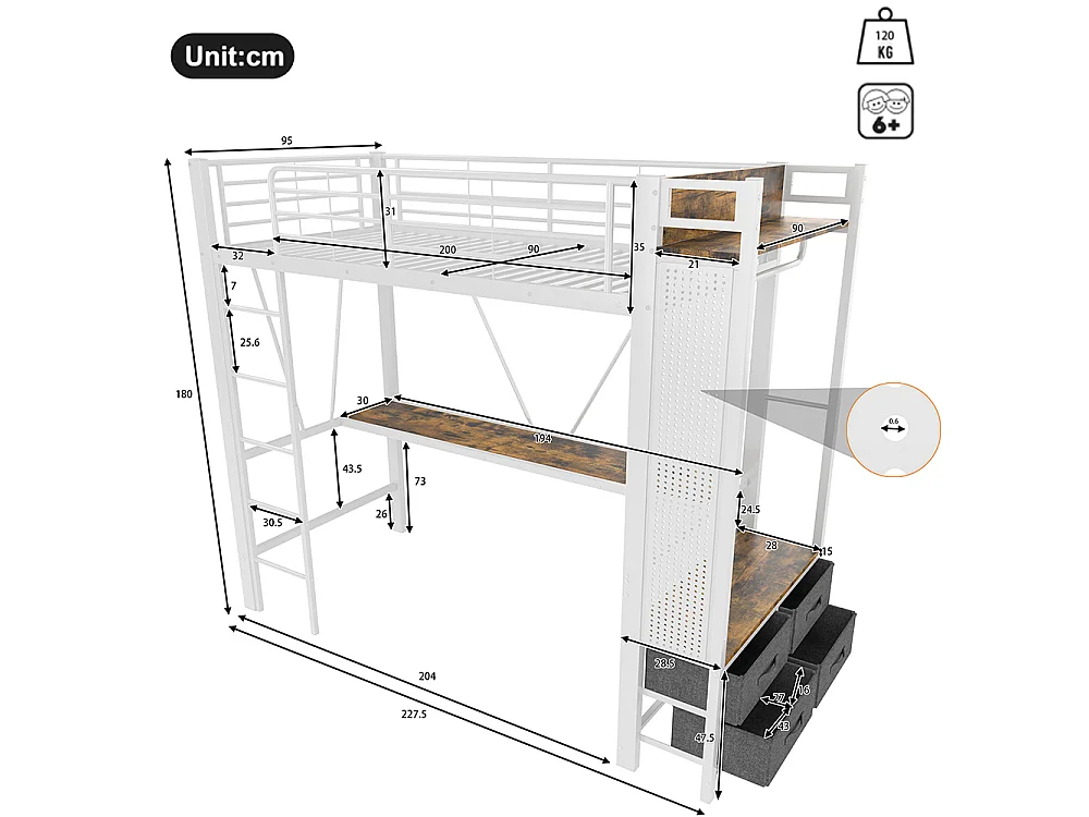 Métal Lit Mezzanine 90x200 cm - avec LED - Bureau - USB Type-C - 4 Tiroirs - Barre de séchage - Panneau perforé - échelle - Blanc