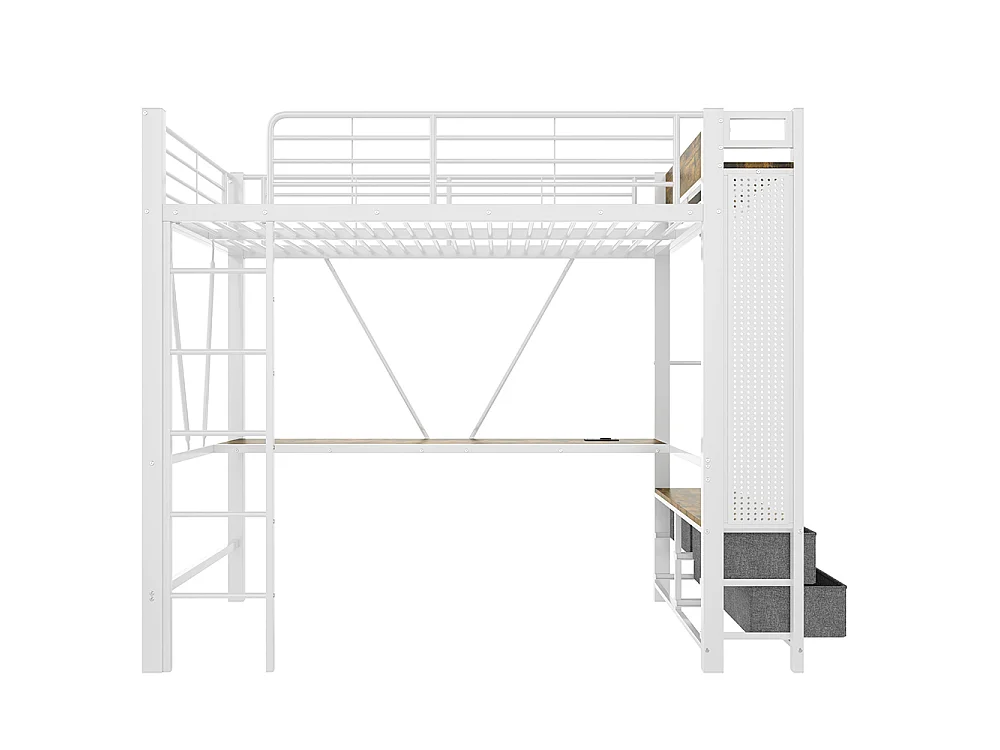 Métal Lit Mezzanine 90x200 cm - avec LED - Bureau - USB Type-C - 4 Tiroirs - Barre de séchage - Panneau perforé - échelle - Blanc