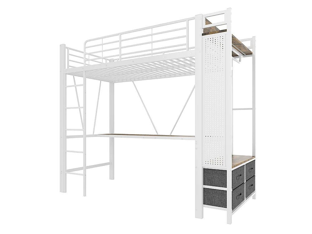 Métal Lit Mezzanine 90x200 cm - avec LED - Bureau - USB Type-C - 4 Tiroirs - Barre de séchage - Panneau perforé - échelle - Blanc