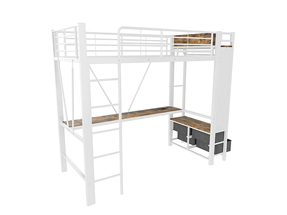 Métal Lit Mezzanine 90x200 cm - avec LED - Bureau - USB Type-C - 4 Tiroirs - Barre de séchage - Panneau perforé - échelle - Blanc