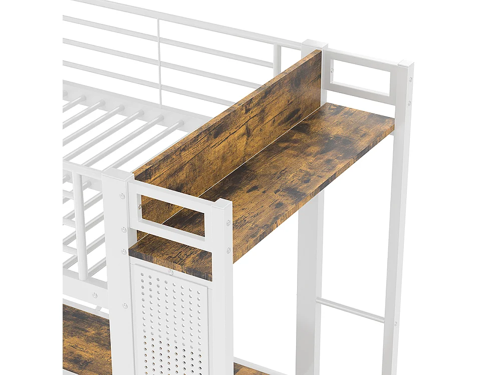 Métal Lit Mezzanine 90x200 cm - avec LED - Bureau - USB Type-C - 4 Tiroirs - Barre de séchage - Panneau perforé - échelle - Blanc