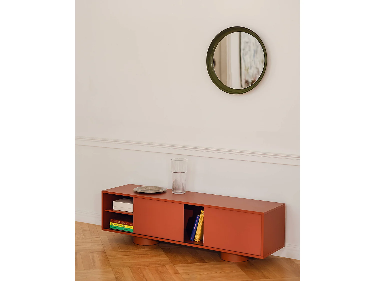 Lustro ścienne Allo - eleganckie, zaokrąglona ramka stalowa, 58x58 cm, Forest Green