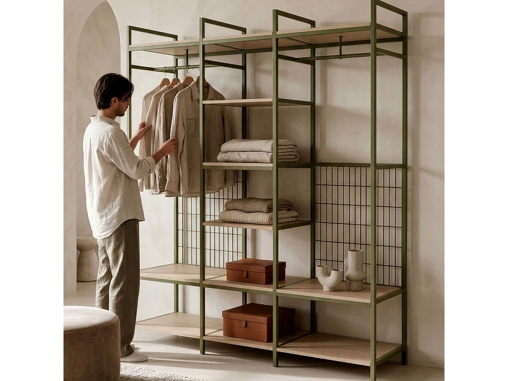 Aqaba - Dressing ouvert modulable 3 éléments en métal et bois L140xH179,5cm - Vert