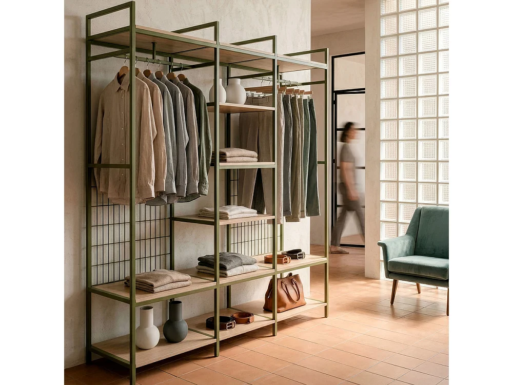 Aqaba - Dressing ouvert modulable 3 éléments en métal et bois L140xH179,5cm - Vert