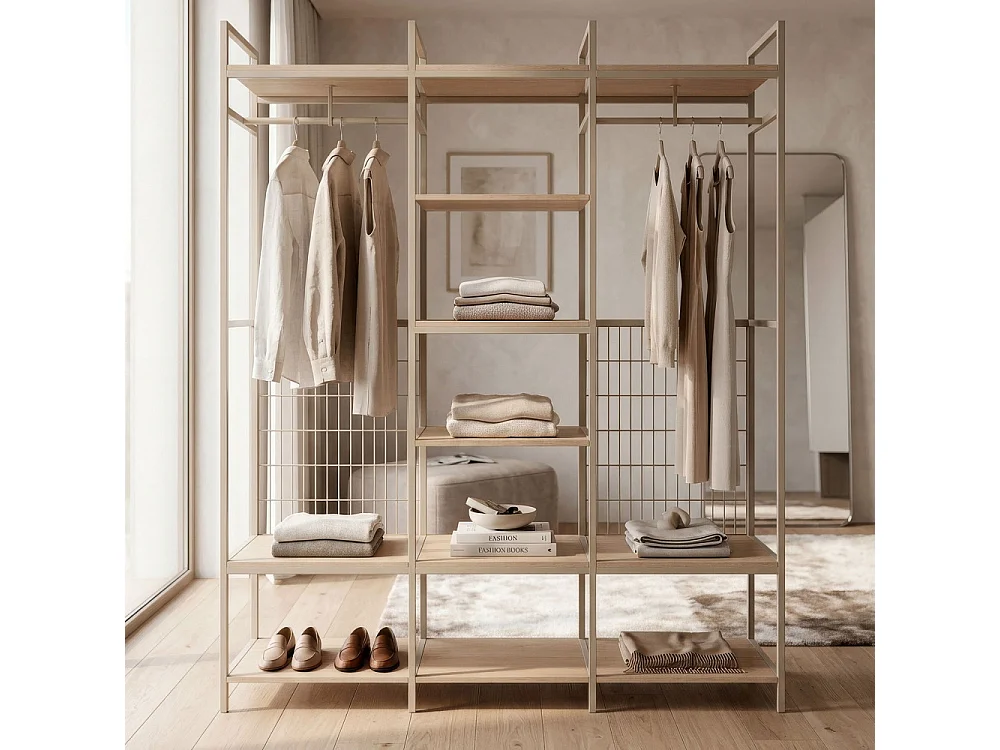 Aqaba - Dressing ouvert modulable 3 éléments en métal et bois L140xH179,5cm - Beige