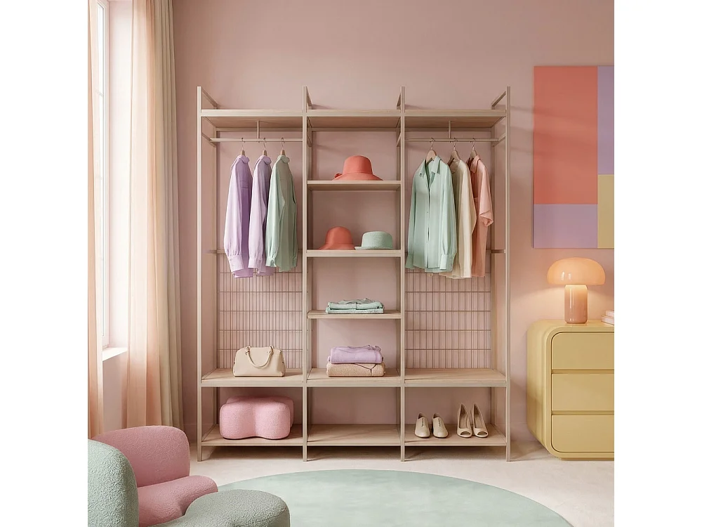 Aqaba - Dressing ouvert modulable 3 éléments en métal et bois L140xH179,5cm - Beige