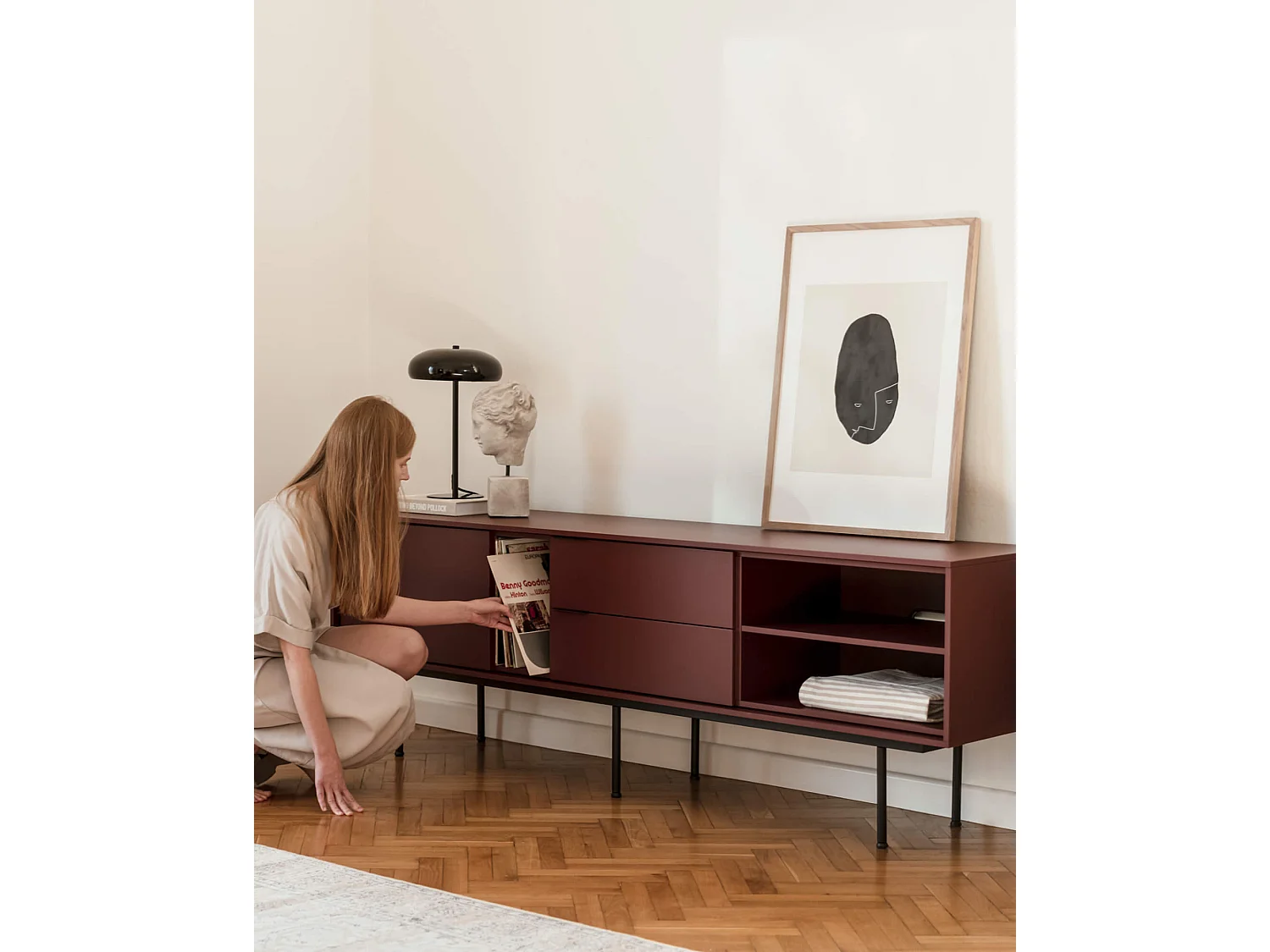 noo.ma Mod mobile TV moderno - 189 cm, grigio mandorla, legno truciolare, con anta e cassetto