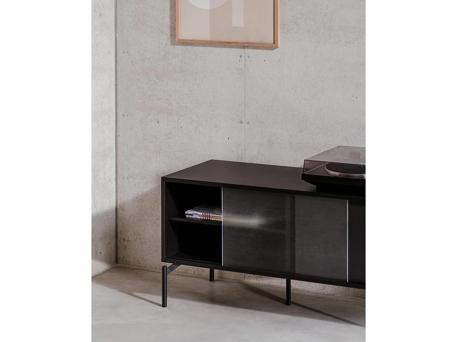 Mobile TV Met Mini nooma - design compatto moderno, vetro strutturato, ripiani divisori