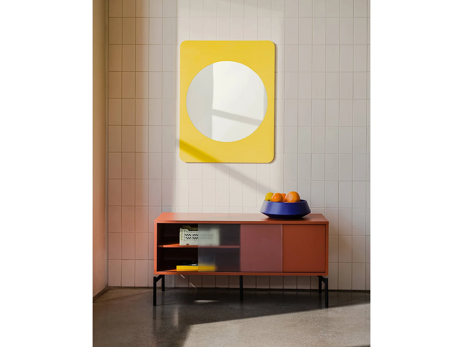 Mobile TV Met Mini nooma - design compatto moderno, vetro strutturato, ripiani divisori